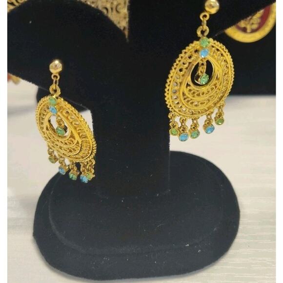 Vintage Inspired Boho Lot of Gold-Tone Jewelry Necklace And Earrings Crystals - Picture 2 of 12